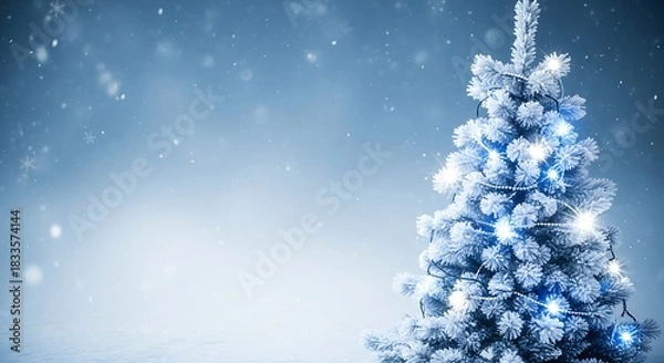 Fototapeta A frosted Christmas tree illuminated with cool blue and white lights stands on the right side of an icy blue background