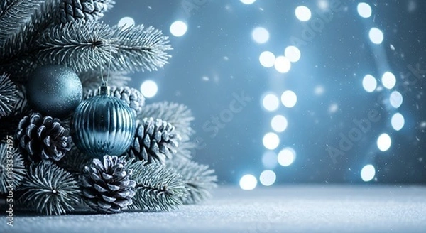 Fototapeta A winter-inspired setup with frosty pine branches, silver-painted pinecones, and a metallic blue ornament, placed in front of an icy blue background