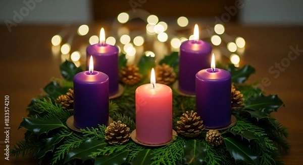 Fototapeta Four Advent candles in traditional colors—three purple and one pink—arranged on a wreath of holly, evergreen sprigs, and golden pinecones