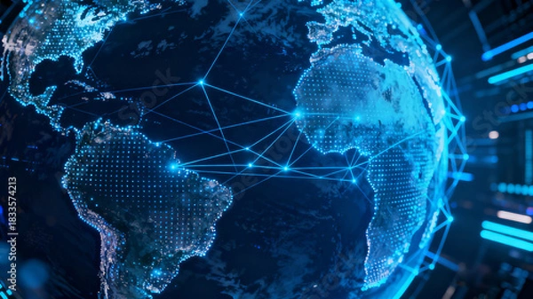 Obraz Cyberpunk Style Global Network Connection: Technological Visualization of Earth and Digital Nodes