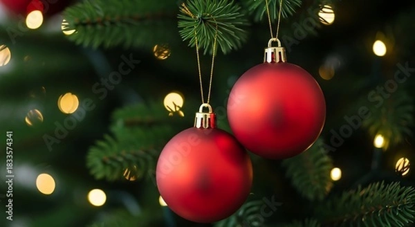 Fototapeta A warm and nostalgic Christmas look featuring two matte red baubles hanging from gold threads, adding a bold festive pop of color against the lush green tree.