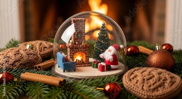 Fototapeta A dome filled with a miniature living-room scene featuring a tiny brick fireplace with glowing embers, a decorated Christmas tree, and a small plush-style Santa figure warming by the fire.