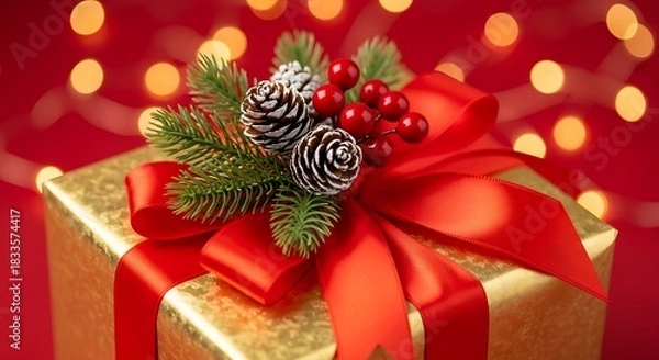 Fototapeta A close-up shot of the gold-wrapped Christmas present showing detailed textures of the ribbon, frosted pine cones, and vibrant red berries on top.