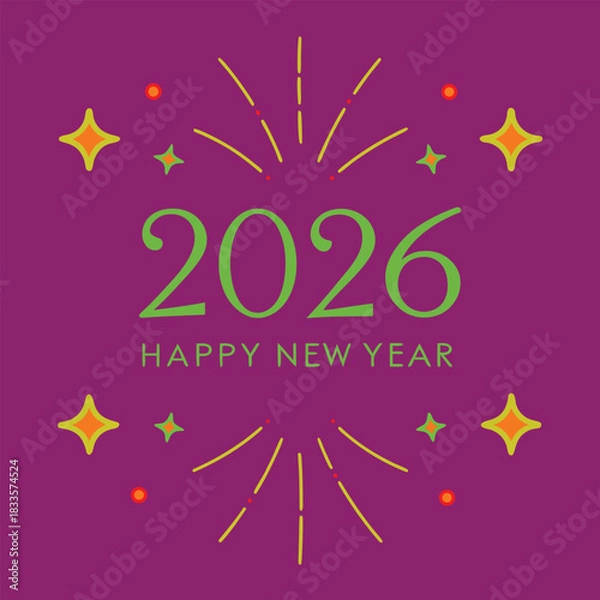 Obraz Happy New Year 2026 Greeting Card Design with Stylized Fireworks and Stars on a Purple Background.