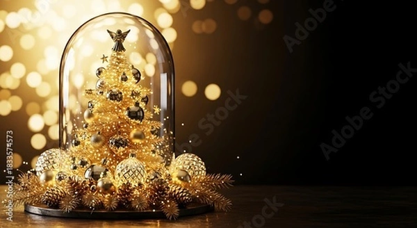 Fototapeta A dome featuring a golden Christmas tree with metallic ornaments and a small angel figurine, surrounded by gold-tinted pine branches, shimmering gold baubles, glass ornaments, and reflective pinecones