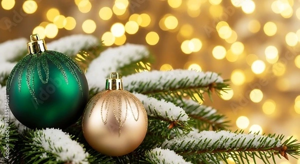 Fototapeta A luxurious Christmas tree decorated entirely in shimmering gold accents, featuring green metallic gold baubles with refined polished surfaces 