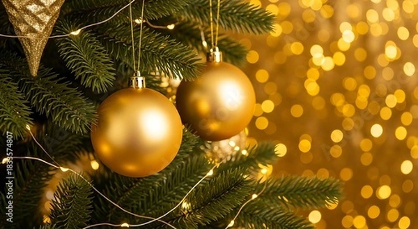 Fototapeta A luxurious Christmas tree decorated entirely in shimmering gold accents, featuring two metallic gold baubles with refined polished surfaces hanging from sparkling gold threads