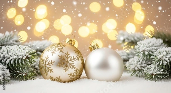 Fototapeta A serene winter Christmas scene featuring two elegant Christmas baubles—one adorned with glittery gold snowflake patterns and the other in smooth metallic white—resting gently on soft snow