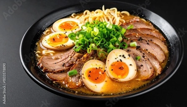 Fototapeta Ramen bowl w/ meat and soft eggs
