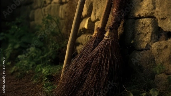 Obraz Two old brooms leaning against a stone wall