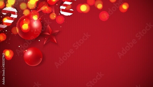Fototapeta Abstract Background of Christmas Red Knitted Pattern with christmas lights and decorations. Vector illustration