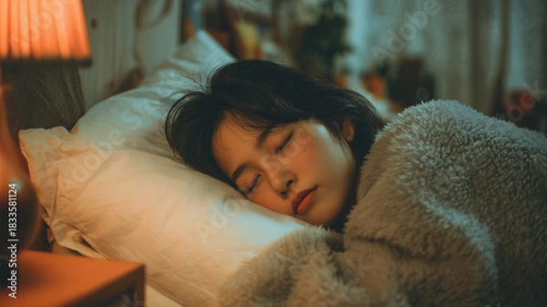 Fototapeta 女性がベッドに横たわり夜に静かに眠る姿