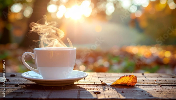 Fototapeta Steaming cup of coffee on a wooden table with autumn leaves and sunlight in the background.