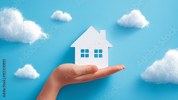 Fototapeta 家の紙模型を男の子が片手に大事そうに載せるイメージ