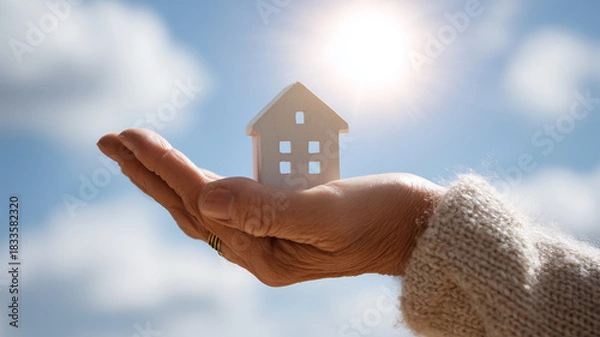 Fototapeta 高齢女性が家の模型を大切そうに手のひらに載せている場面