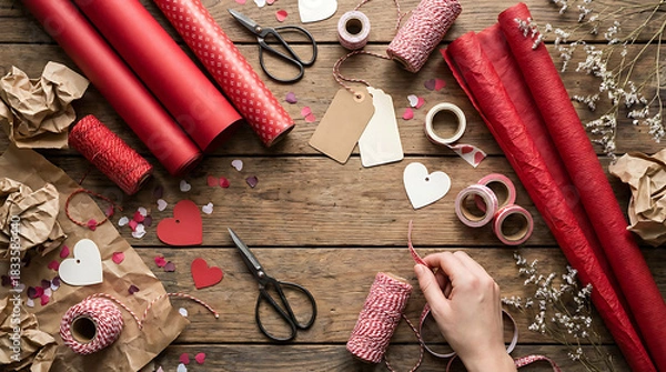 Fototapeta A top-down view of a person's hands preparing to wrap gifts with red paper, twine, and heart decorations on a rustic wooden table.