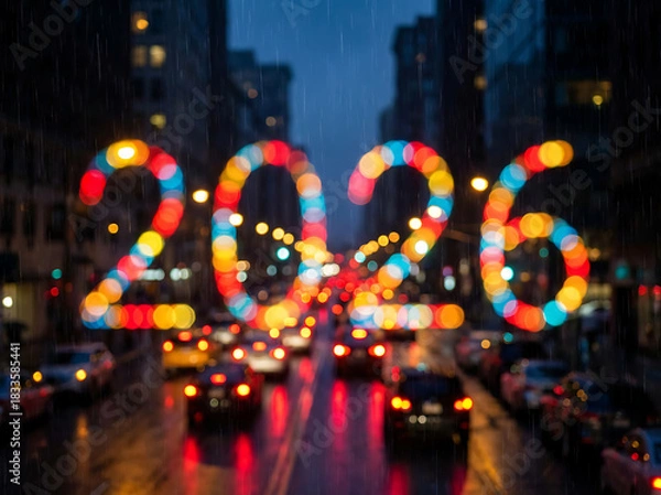 Fototapeta Colorful bokeh lights form the year 2026 over a blurred city street with cars and rain at night.
