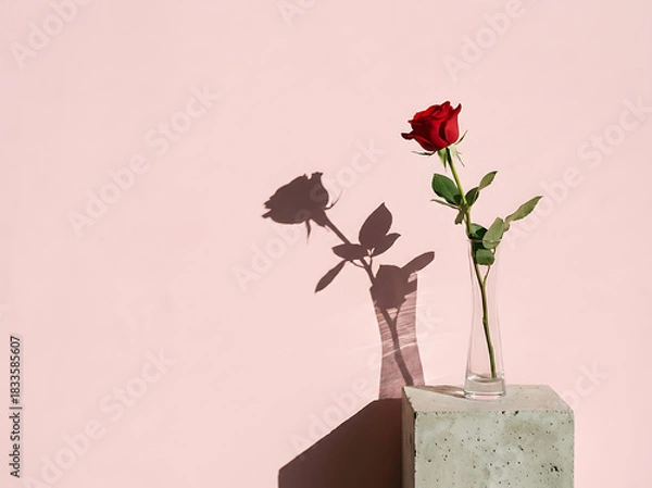 Fototapeta A single vibrant red rose in a clear glass vase casting a long shadow on a minimalist pink wall.
