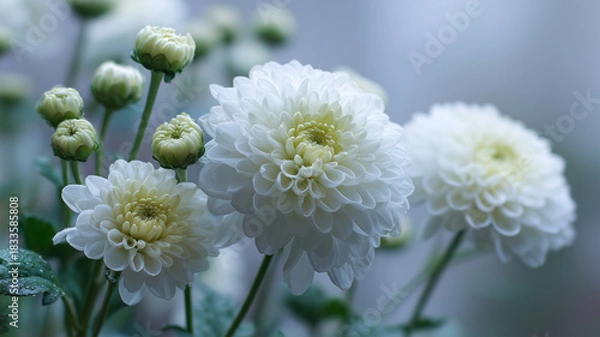 Fototapeta 朝露を帯びた白い小菊が並ぶ花畑の繊細なクローズアップ