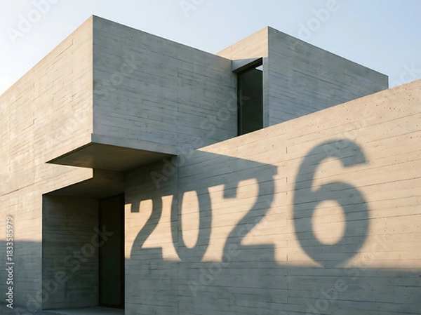Fototapeta Modern concrete building with a minimalist geometric design and a large shadow of the number 2026 cast on its textured wall.