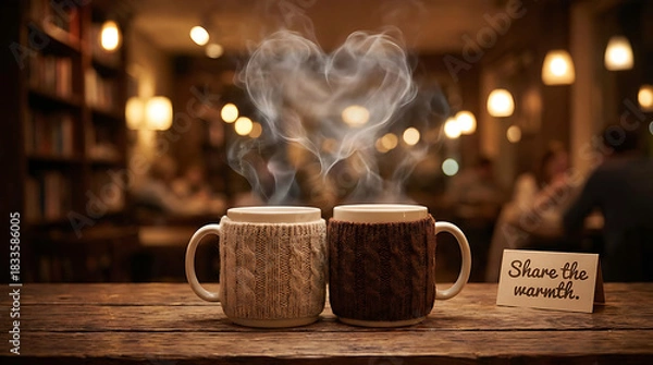 Fototapeta Two cozy mugs with knitted sleeves sharing heart-shaped steam in a warm cafe.