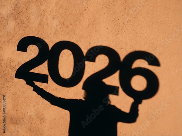 Fototapeta Shadow of a person holding up large cutout numbers forming the year 2026 against a warm-toned wall.
