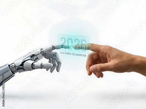 Fototapeta A human hand and a robot hand reaching out to touch, symbolizing future AI collaboration in 2026.