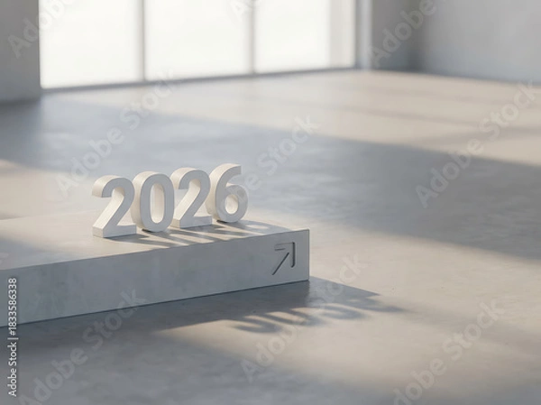 Fototapeta White 3D numbers for the year 2026 on a concrete plinth in a sunlit, empty room.