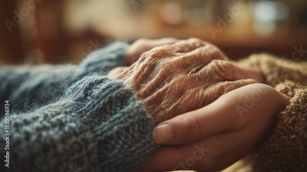 Fototapeta 日本人の若者が祖父母の手を支えながら寄り添う場面