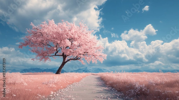 Fototapeta 桜並木のそばに寄り添う一本の木が印象的な情景