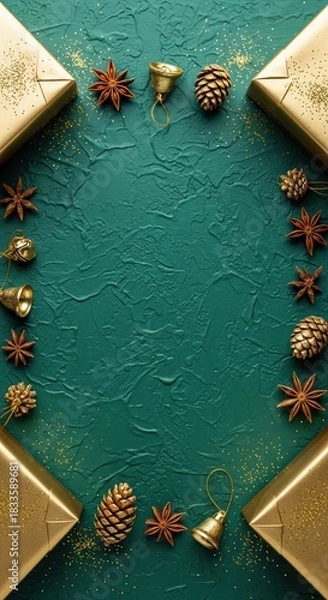 Obraz Symmetrical Holiday Flat Lay with Gold Gift Boxes, Pinecones, Bells, and Glitter on Green Background