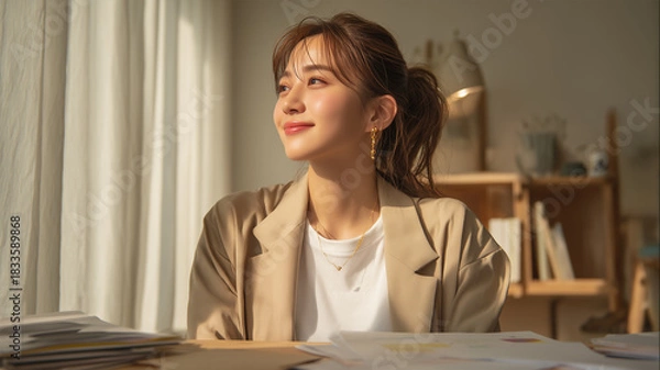 Fototapeta 日本人の女性が窓際に立ち、穏やかな笑みを浮かべる姿