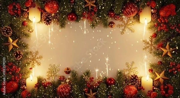 Obraz Christmas Border with Evergreen Branches, Red and Gold Ornaments, Pinecones, and Lit Candles on White Background