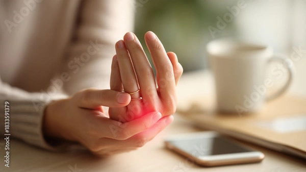 Fototapeta 日本人の女性が自宅で親指の関節痛を手当てしている