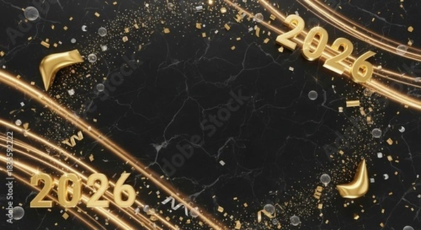 Obraz Black and Gold New Year 2026 Background – Luxury Celebration Banner with Confetti and Light Trails