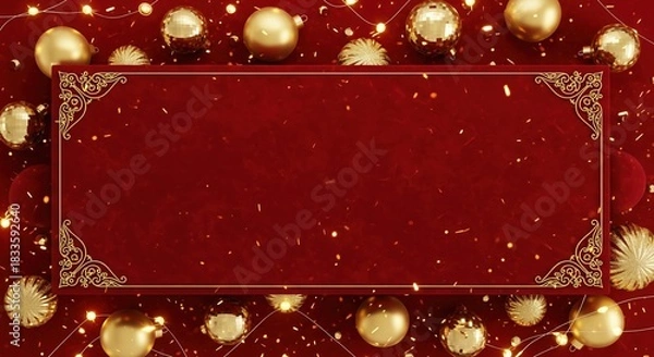 Obraz Luxury Red and Gold Christmas Banner – Elegant Holiday Frame with Ornaments and Lights