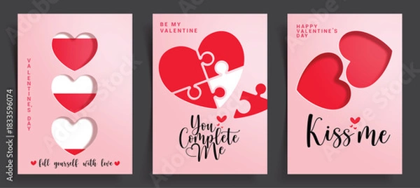 Fototapeta Happy Valentine's day greeting card clipart poster set. Valentine's greeting card clip art with heart shape puzzle decoration elements for heart's day invitation banner collection vector illustration.