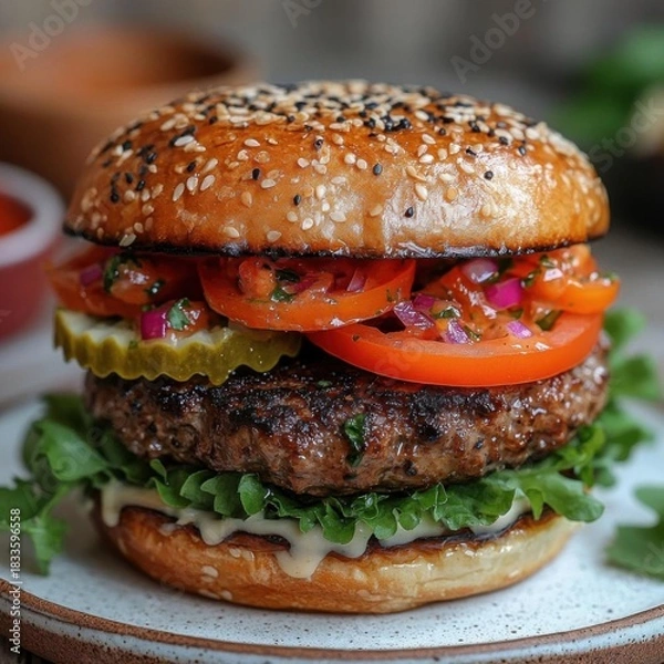 Fototapeta Homemade hamburger with fresh vegetables on a rustic background.