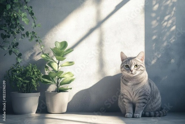 Fototapeta Closeup of fluffy cat looking curiously with warm light and neutral tone, cozy home pet concept.