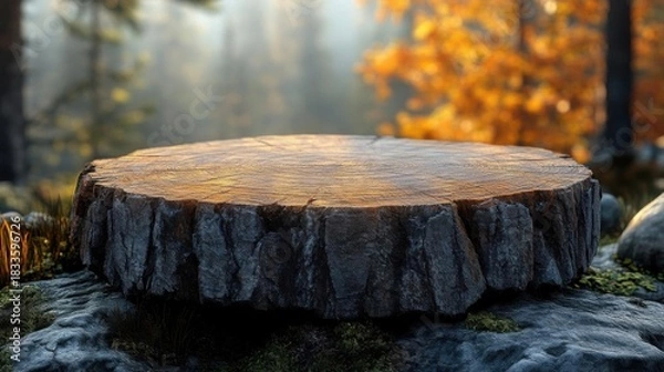 Fototapeta Empty wooden table for product display montages in autumnal forest.