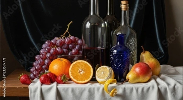 Fototapeta Vivid Still Life: Grapes, Citrus, Wine Bottles, and Pears on White Cloth