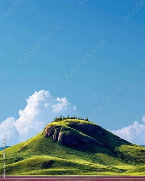 Obraz A green hill with trees on top under a clear blue sky with some clouds, creating a peaceful and natural landscape.