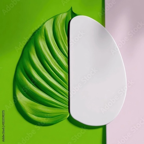 Obraz A close-up shot of a green leaf with a white shape on a colorful background. The leaf is vibrant green, and the background is divided into green and pink sectio
