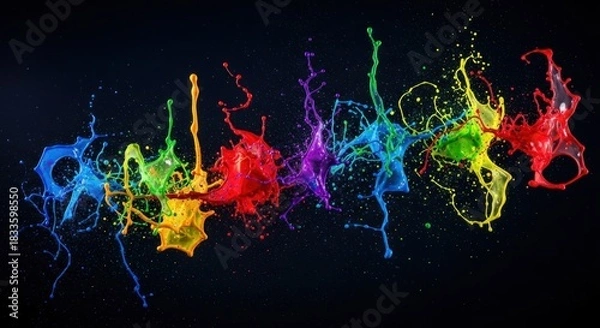 Fototapeta Vibrant Rainbow Paint Splashes Against Dark Background, Artistic Abstract Composition.