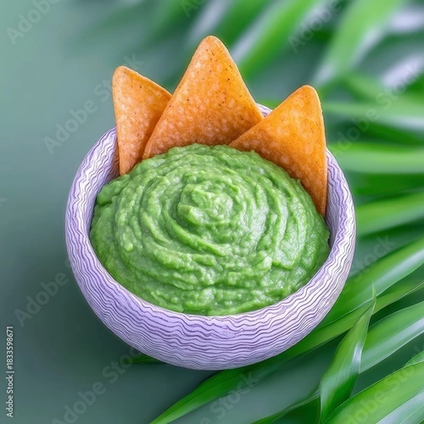 Fototapeta Close-up of a bowl of guacamole with tortilla chips, set against a green background with tropical leaves.