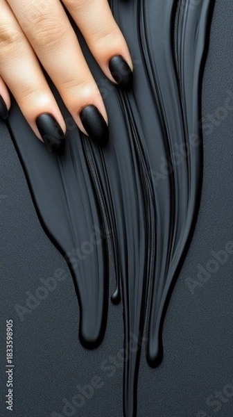 Fototapeta Close-up of a hand with matte black nail polish, resting on a dark, textured surface with flowing black liquid.