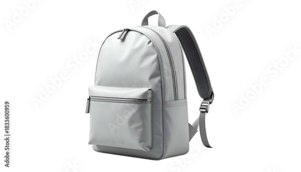 Fototapeta Light gray modern backpack, front view, isolated on black background, with visible straps and pockets