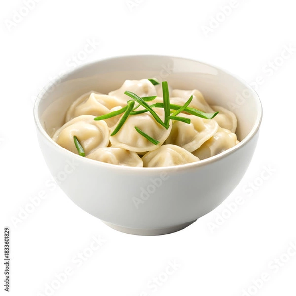 Obraz Delicious dumplings served in a white bowl garnished with fresh green chives