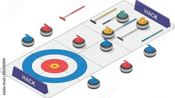 Fototapeta Isometric illustration of curling stones on ice rink with house target, sports strategy scene, winter game competition, detailed curling equipment layout