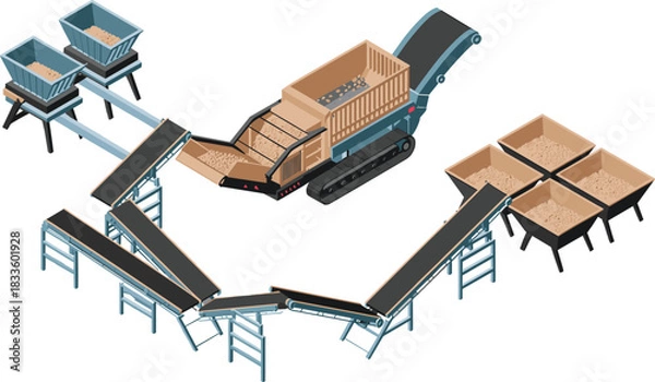 Fototapeta Isometric illustration of industrial stone crushing machine with conveyors, aggregate processing system, material sorting equipment, quarry production workflow, construction mining machinery